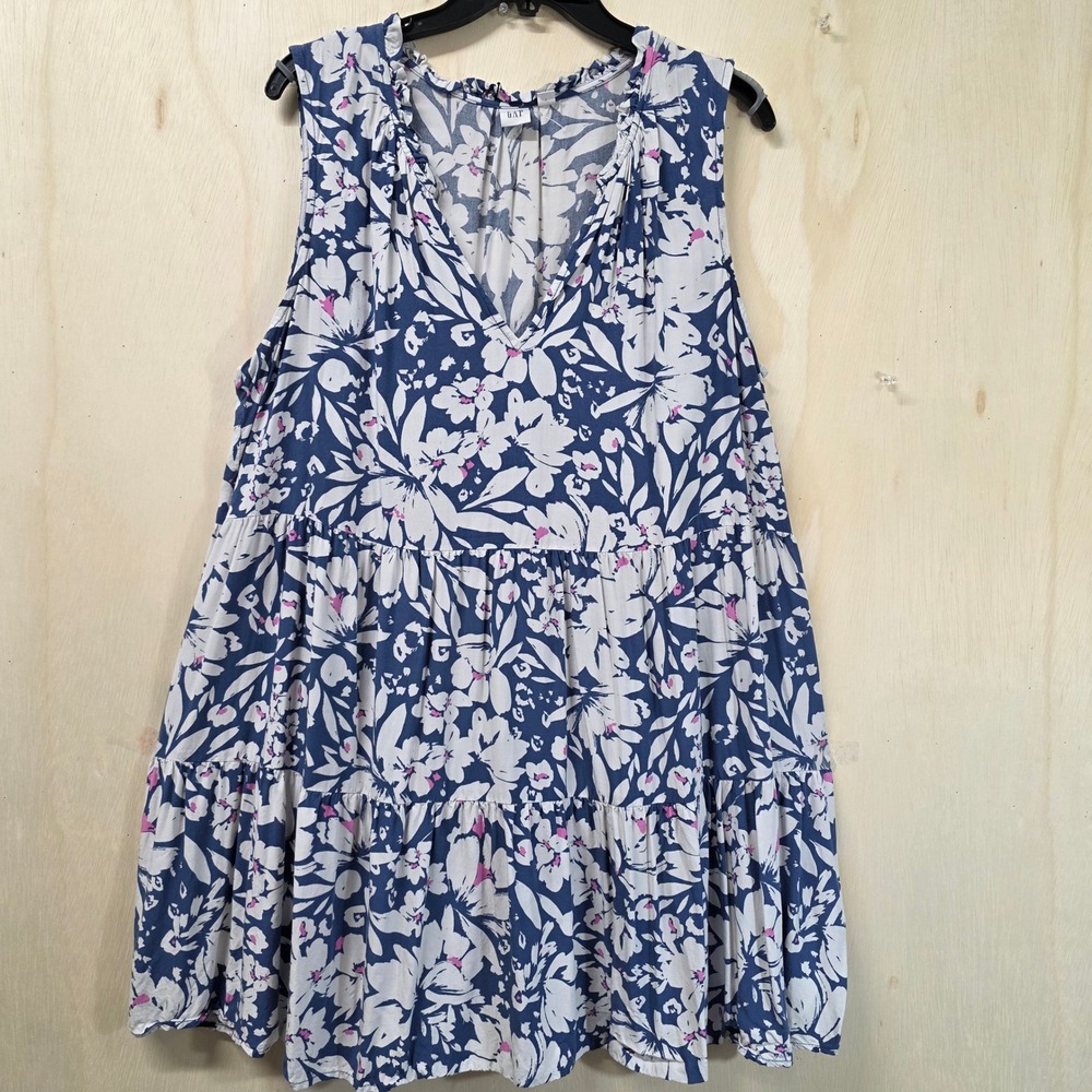 Gap Womens XL Blue White Floral Tiered Ruffle V-Neck Rayon Sleeveless Mini Dress